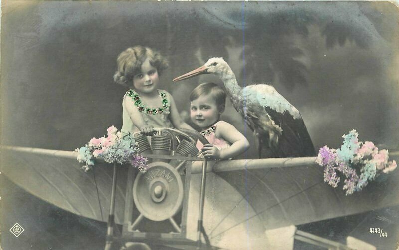 C-1910 Early Aviation Fantasy Stork Child Delivery RPPC Photo Postcard 7978