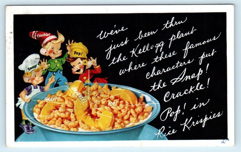 BATTLE CREEK, MI ~ Rice Krispies SNAP, CRACKLE, & POP 1950 Advertising Postcard