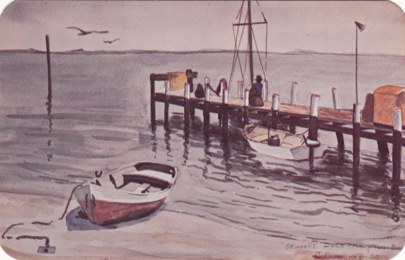 P1788  vintage unused art skippers dock hampton bays L.I. new york signed