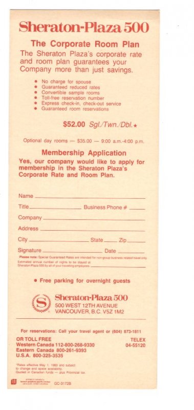 Sheraton Plaza 500, Vancouver, British Columbia, Membership Application