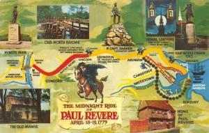 MA, Massachusetts MIDNIGHT RIDE OF PAUL REVERE Route~Points of Interest Postcard