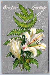 Silver Easter Greetings, Two Lilies In Front Of Fern Frond, 1912 Tuck Postcard