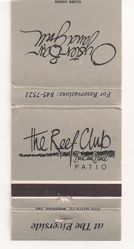 Matchbook Cover ! Reef Club & Oyster Bar, The Riverside, Oakville, Ontario !