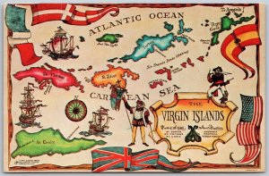 Vtg Virgin Islands Map Five Flags US Spain France UK Denmark Caribbean Postcard