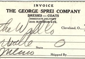 1938 THE GEORGE SPREI COMPANY CLEVELAND OH DRESSES COATS BILLHEAD INVOICE Z3501