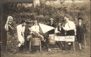 Group of Silly Men Bottles Drinking Wash Basin GIRLS WANTED Real Photo Postcard