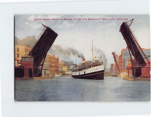 Postcard State Street Bascule Bridge Lifted For Steamship Soo City, Illinois