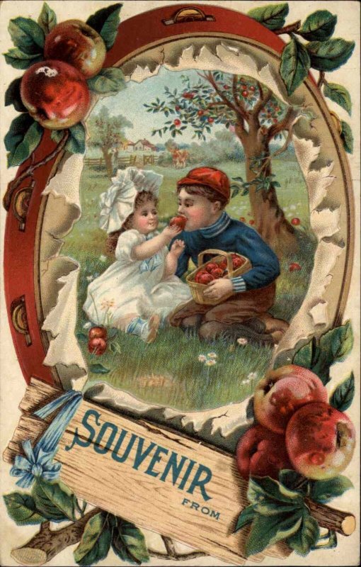 Little Girl Feeds Boy Apples Tambourine Border c1910 Vintage Postcard