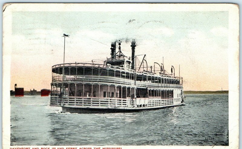 c1910s Davenport, IA Rock Island Ferry Steamboat Mississippi Postcard SteamerA42