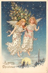 A Merry Christmas Angels W/ Christmas Tree & Full Moon, Embossed, PC U9042