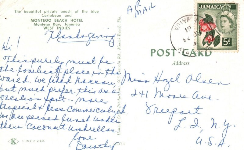 Vintage Postcard Blue Caribbean Montego Private Beach Hotel Montego Bay Jamaica