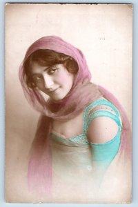 Pretty Woman Postcard RPPC Photo Miss Cicely Debenham Hand Painted 1915 Antique