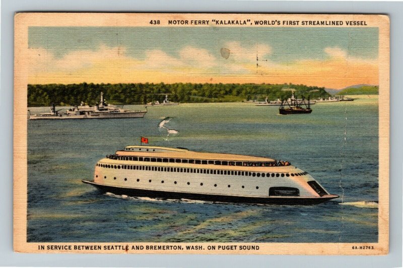 Puget Sound WA-Washington, Streamlined Motor Ferry Warships Linen c1938 Postcard 
