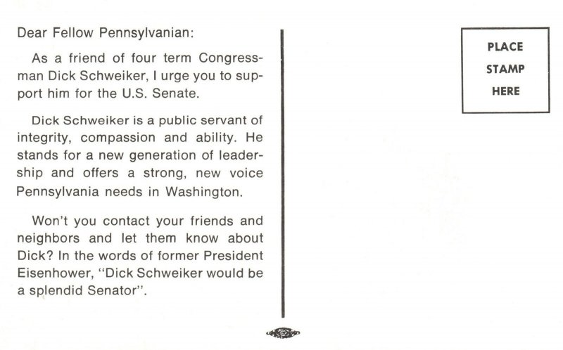 Congressman Dick Schweiker Public Servant For U.S. Senator Politician Postcard