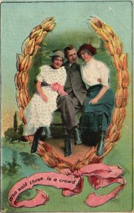 Vintage Postcard 1910's Lovers Couple Love Triangle Who Said Three Is A Crowd