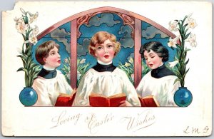 1907 Loving Easter Wishes Angels Reading Bible White Flowers Posted Postcard