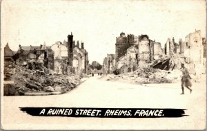 RHEIMS, FRANCE -  AZO WW1 Real Picture Postcard RPPC RUINED STREET 