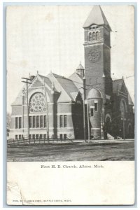 c1910 Exterior View First M. E. Church Building Albion Michigan Vintage Postcard