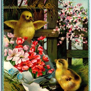 c1910s Gel Easter Greetings Cute Baby Chicks Flowers Postcard Flower German A67