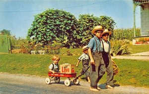 Bare-Footed AMISH boys Pulling Greyhound Cart w/ Groceries Postcard 