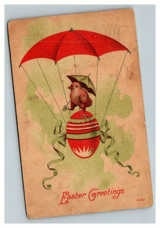 Vintage 1912 Easter Postcard Cute Chick with Umbrella on Egg Parachuting - NICE