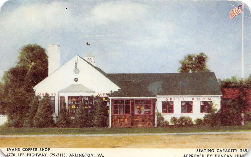 Arlington Virginia~Evans Coffee Shop along Lee Highway~Roadside~1950s Postcard