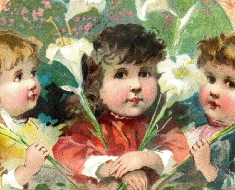 1880s-90s Easter Lion Coffee Woolson Spice Co. Children Lilies Angel Fab! *D