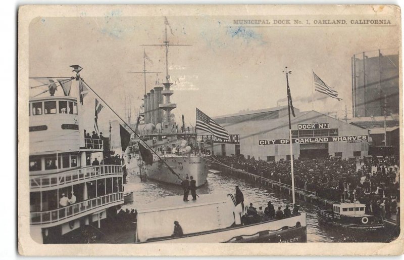 OAKLAND, CA Municipal Dock, Ships RPPC Alameda Co 1910s Antique Photo Postcard