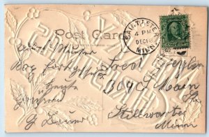 1908 Christmas Large Letters Holly Berries Embossed Saint Peter MN Postcard