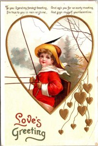 Boy holding Reins Heart embossed Love's Greeting Valentine Postcard 1913