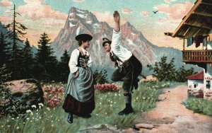 Vintage Postcard 1900's Dutch Man & Woman Dancing in Village Tradition Culture