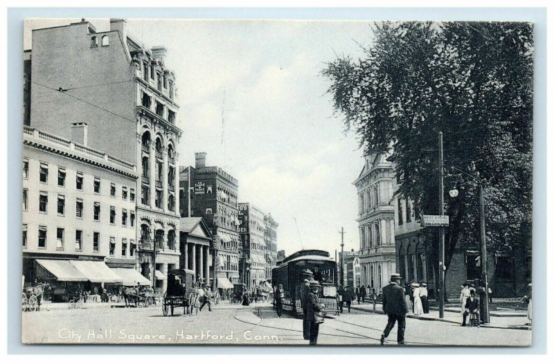 c. 1905 City Hall Square Hartford CT Street View Cable Car Horse Carriage People