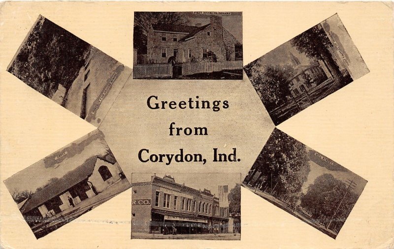 G25/ Corydon Indiana Postcard 1912 6View Railroad Depot Capitol Stores