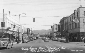 Medford OR West Main Street Hotel Allen Storefronts Owl Club Old Cars RPPC