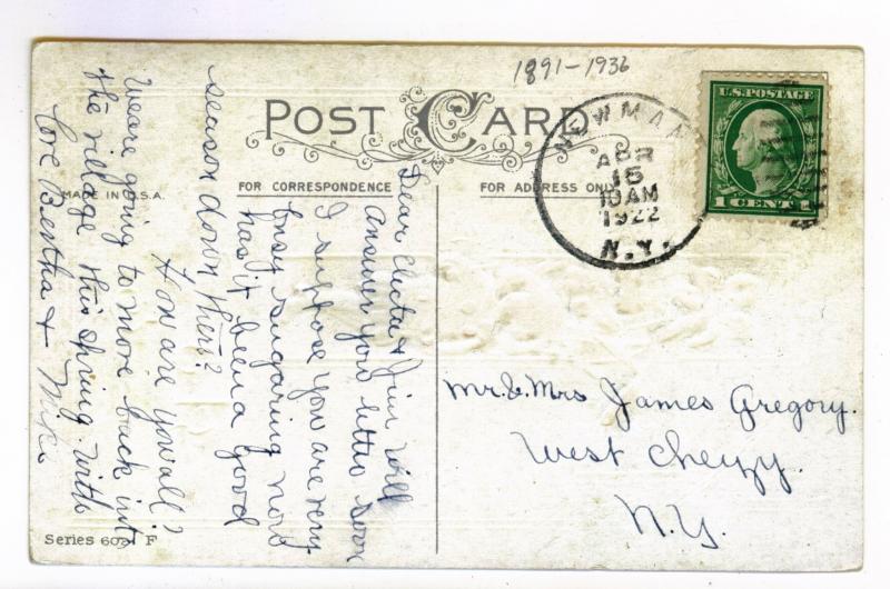 Newman to West Chazy, New York 1922 embossed Easter Postcard