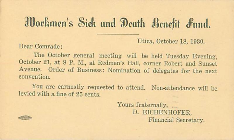 Utica, NY Workmen's Sick and Death Benefit Club Meeting Reminder 1930 Postcard