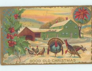 Pre-Linen christmas FLOCK OF TURKEY BIRDS IN THE BARNYARD HQ6226