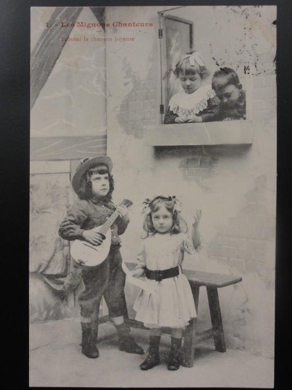 French Set of 4: Les Mignons Chanteurs CHILDREN, THE CUTE SINGERS c1904 Postcard 