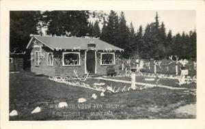 c1940 RPPC Mountain View Fly Tying Shop, Kalispell MT Antler Hedge & Fence