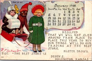 R.F. Outcault Postcard Calendar January 1908 Degen's Store in Hoisington, Kansas