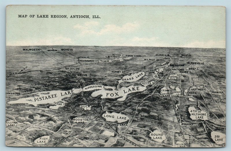 Postcard IL Illinois Antioch Aerial View Map of Lake Region c1910s AG13
