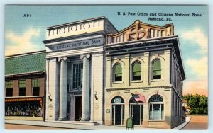ASHLAND, Pennsylvania PA ~ CITIZENS NATIONAL BANK, Post Office ca 1940s Postcard