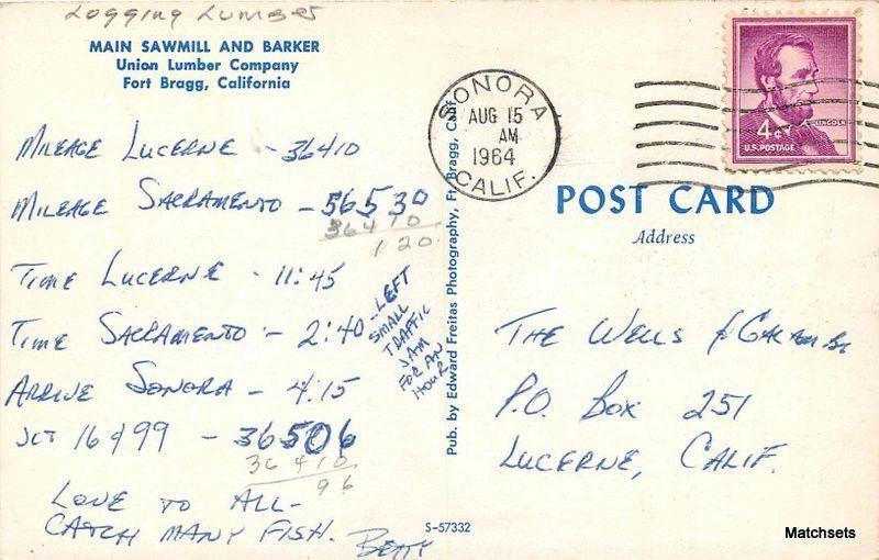 1964 FORT BRAGG CA Main Sawmilll Barker Logging Lumber postcard 11413