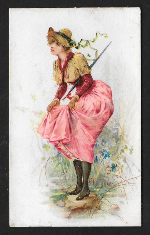 VICTORIAN TRADE CARD Stock Card Pretty Lady on Rock in Stream