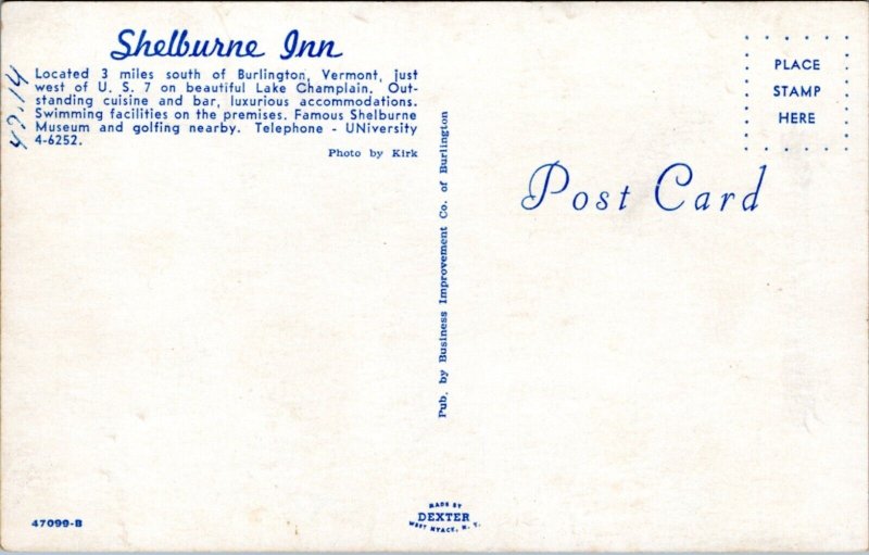 Postcard VT Burlington - Shelburne Inn - bird's eye view