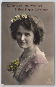 RPPC Pretty Woman Yellow Fliwers Pink Dress Happy Christmas Postcard Y25