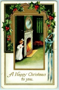 C. 1910 Cute Girl Christmas Fire Place Postcard P66