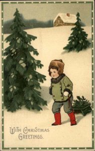 Christmas Little Boy with Sled Sledding c1910 Vintage Postcard