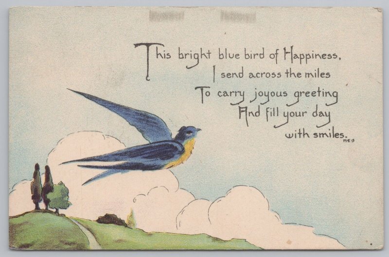 Greetings~Blue Bird & Hill Bright Blue Bird of Happiness Poem~Vintage Postcard