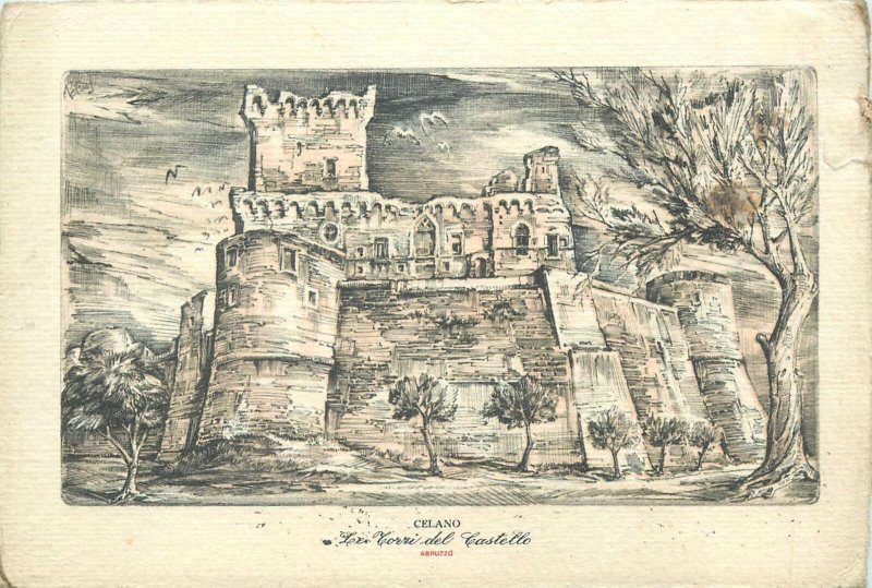 Postcard Italy Celano Abruzzo Torri del Castello artwork drawing